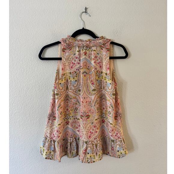 T Tahari Split Neck Ruffle Peplum Top XS Pink Cream Paisley Shirred Sleeveless - Picture 4 of 9